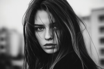 Naklejka premium Young woman with long, dark hair in a serious pose in an urban setting