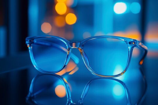 Blue light blocking glasses on reflective surface with bokeh effect in the background