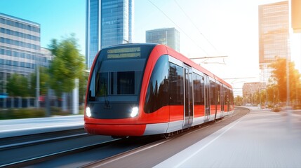 Naklejka premium Dynamic energy of an electric train in motion racing down the tracks with an urban cityscape as its backdrop