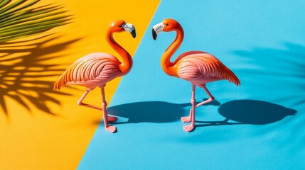 Obraz premium Two flamingo toys on a vibrant orange and blue background, radiating joy and optimism. 