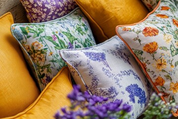 Assortment of Decorative Cushions with Floral and Solid Patterns on a Sofa or Bench for Interior Design