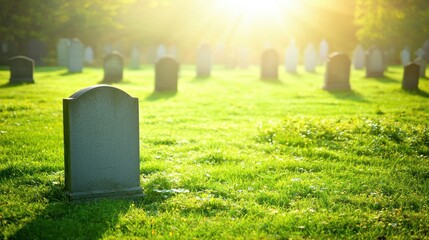 Serene cemetery scene with sunlight shining through trees creating a peaceful ambiance in an early morning setting