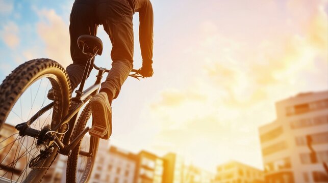 Engaging urban scene of a person riding a bicycle and practicing thrilling tricks with a vibrant atmosphere and energy