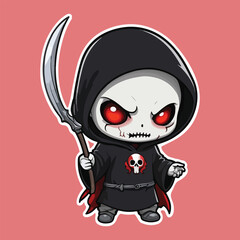 Grim Reaper Cartoon Character with Glowing Red Eyes Holding Scythe in Black Hooded Cloak, Cute and Dark Halloween Horror Illustration for Sticker, T-Shirt, or Game Art Design
