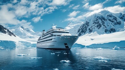Luxury cruise ship sailing amidst Antarctic glaciers and mountains.