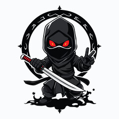Cute Ninja Cartoon Character Holding Katana Sword with Red Eyes in Black Hooded Outfit, Standing in Action Pose with Japanese Style Elements for Sticker, T-Shirt, and Game Design