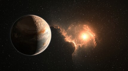 Naklejka premium Exoplanet orbiting a bright, fiery nebula.