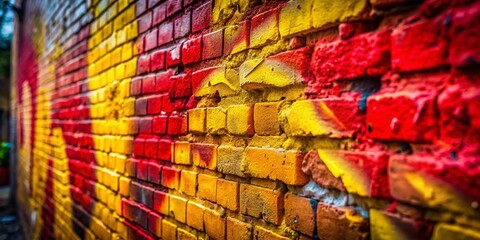 Drone Close-Up: Yellow Spray Paint on Red Brick Wall Texture
