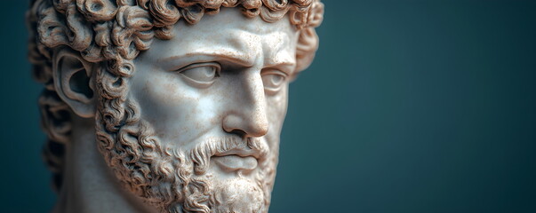 Portrait of antique plaster bust of male marble head with beard and curly hair isolated on blue background, copy space. Head of antique statue, anatomical model.