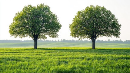Fototapeta premium Two trees stand tall in a vibrant field. Sunrise or sunset hues. Tranquil landscape