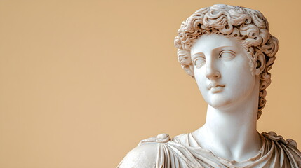 Portrait of antique plaster bust of male marble head with curly hair isolated on pastel beige background, copy space. Statue head, anatomical model. Ancient Greek Renaissance era. Contemporary art.