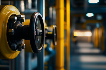 Obraz premium Industrial valve with yellow accents in modern facility, showcasing process optimization tools and machinery