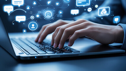 AI Generative. A close-up of a person's hands typing on a laptop. Floating digital icons, social media symbols, and data analytics graphics, appear above the keyboard. 4