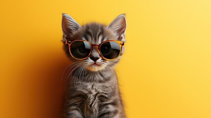 Cute kitten wearing sunglasses against yellow background.