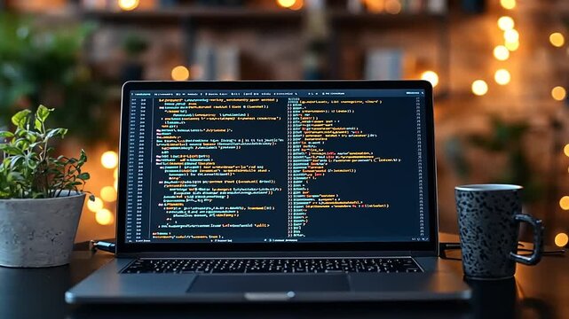 Laptop displaying code with plant and coffee mug nearby