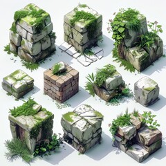 isometric game assets featuring ancient ruins with moss and grass
