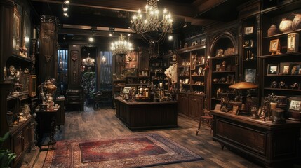 Antique shop interior, dark wood, ornate decor, mysterious ambiance, e-commerce