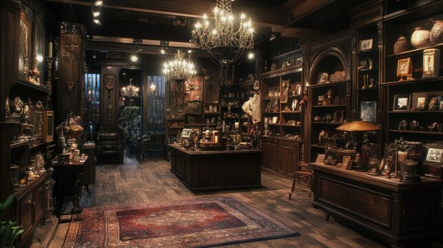 Antique shop interior, dark wood, ornate decor, mysterious ambiance, e-commerce