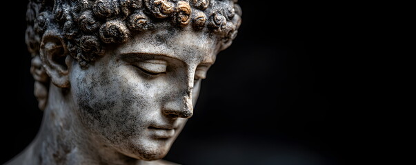 Antique marble old plaster bust of androgynous male head with curly hair, with slightly broken and worn stone on face, isolated on black background, copy space. Statue head, anatomical model.