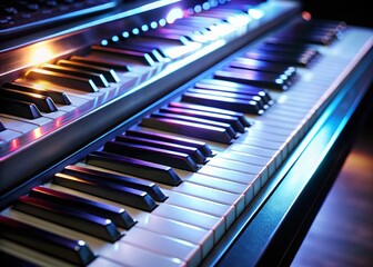 Electric Piano Keyboard Night Photography: Modern Music Instrument Keys Illuminated in Dark