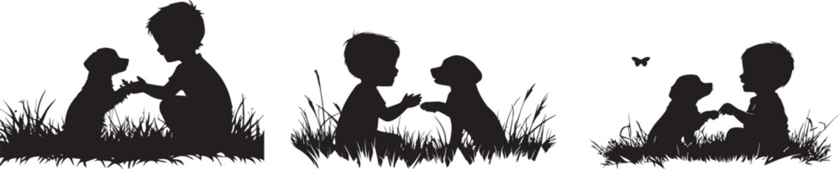 Silhouette of a child playing with a puppy in a grassy field vector silhouette