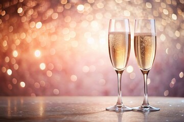 Elegant Champagne Flutes on Dreamy Pink Bokeh Background - Wedding Celebration Stock Photo