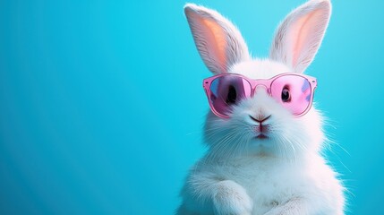 Obraz premium Cute white bunny wearing pink sunglasses against a blue background.