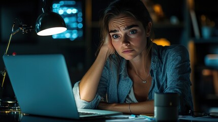 Stressed woman working late on laptop at night.