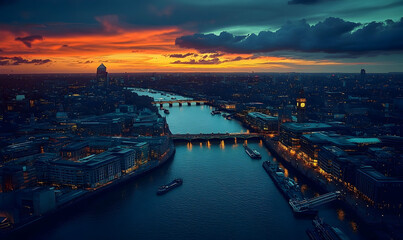 Fototapeta premium A breathtaking sunset over a vibrant city skyline with a river, showcasing boats and urban life