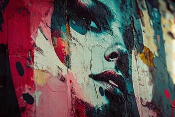 Urban Street Art Portrait: Abstract Face with Red and Teal Paint on Distressed Wall