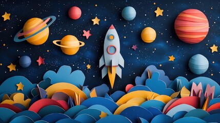Paper craft rocket launching into colorful space.