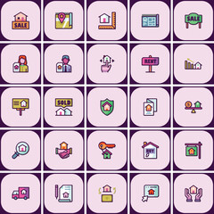 Comprehensive real estate icon set featuring property management and investment