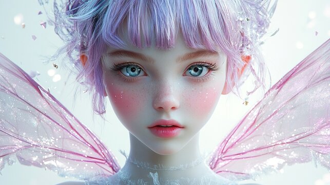 A digital painting of a fairy with pale pink wings and lavender hair.