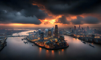 Naklejka premium A stunning aerial view of a city skyline at sunset, with dramatic clouds and illuminated buildings
