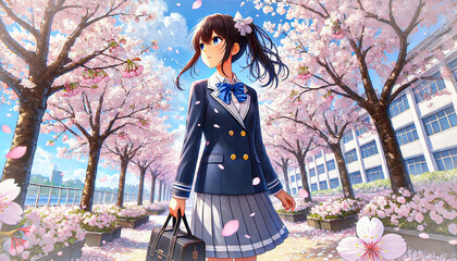 春爛漫桜舞い散る暖かい風と日本の女子高生