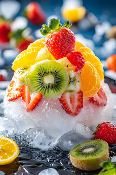 Refreshing Shaved Ice Dessert Topped with Colorful Fresh Fruits - A Vibrant Summer Delight