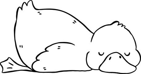 Cute Cartoon Duck Outline  Black and White Sleeping Silly Hand Drawn Doodle