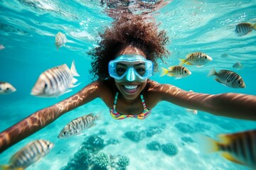 Fototapeta premium Many tropical fish swim next to her. Bright commercial style image. A stunning and sexy happy black young woman with curly hair in a swimming mask and fins snorkeling among the corals.
