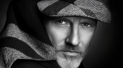 Black and white portrait of a man in a patterned hat and scarf