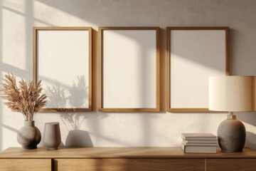 Empty frames on a light wooden console table, natural sunlight,  modern minimalist decor
