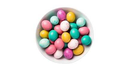 Pastel Easter Eggs in Bowl   Spring Holiday Treat on white and transparent Background	