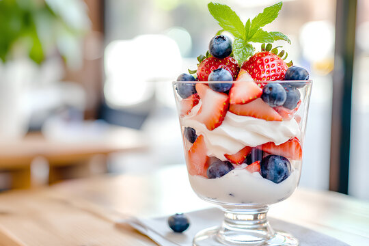 Layered fruit parfait with strawberries blueberries and creamy yogurt topped with mint in warm sunlight  
