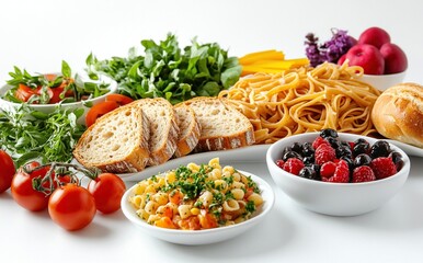Fresh pasta, bread, salad, fruit, and vegetables.