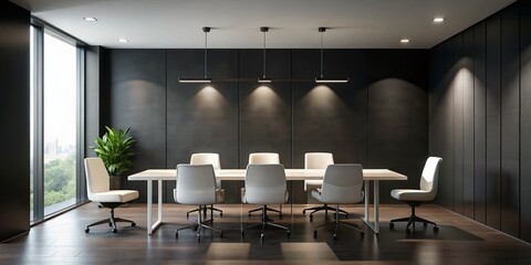 Empty Black Wall Conference Room Mockup - White Table & Chairs, Modern Office Space