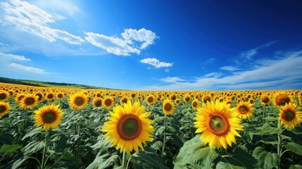 Breathtaking sunflower expanse under a vibrant blue sky dotted with clouds