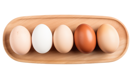 Five Fresh Eggs on Wooden Tray Colorful Variety on white and transparent Background	