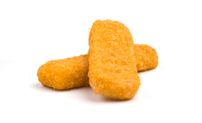 breaded fish sticks on white background