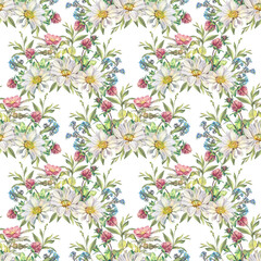 Fototapeta premium Watercolor seamless pattern with bouquet clover chamomile rosehip forget-me-not on white background. Spring and summer flower for card. Wildflower and herb. Hand-drawn art for wallpaper or wrapping