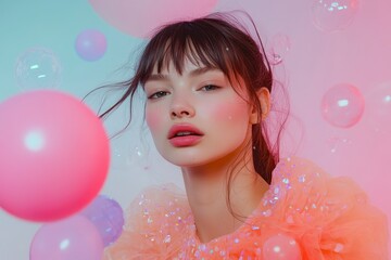 Portrait of a Young Woman with Bangs in Pastel Colors with Pink Balloons and Glittery Top