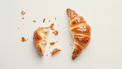 A flaky, buttery croissant broken in half with crumbs spread around.
